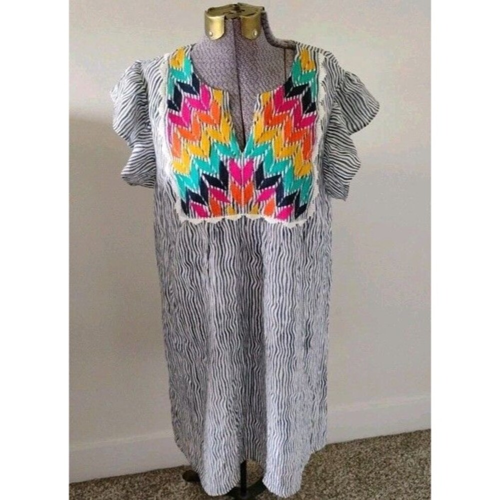 THML Women’s Dress Anthro Boho Embroidered Rayon Blend Sleeveless Sz M Rainbow